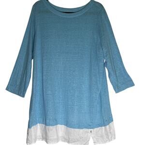 J.Jill Love Linen Tunic Top Womens Sz XL Tall Blue White Layered Hem Bateau Neck